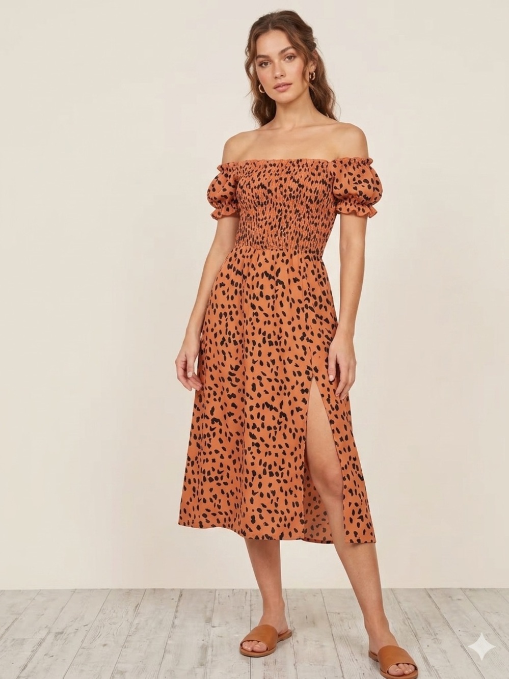 Women’s Small Brown Animal Print Off Shoulder Midi Dress Smocked Top Side Slit